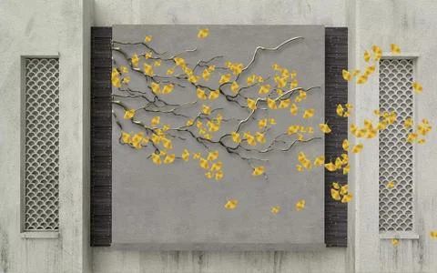 3d illustration, gray panel, branch with yellow leaves on the wall Stock Illustration