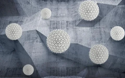 3d illustration, gray polygonal background, large white perforated balls Stock Illustration