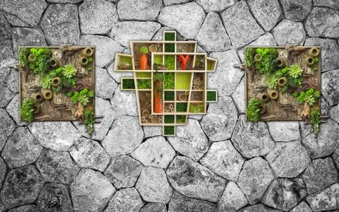 3d illustration, gray stone wall with decorative wooden inserts Stock Illustration