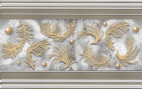 3d illustration, gray striped background, beige abstract feathers and pearls Stock Illustration