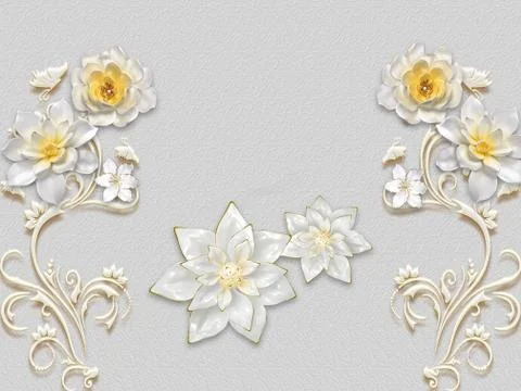 3d illustration, gray textural background, white ornamental embossed flowers Stock Illustration