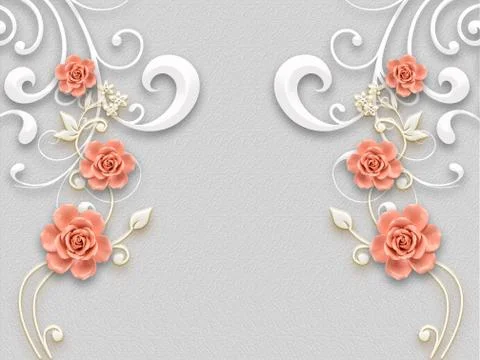 3d illustration, gray textural background, ornament, pink rosebuds Stock Illustration