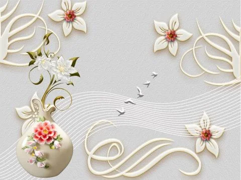 3D illustration, gray textural background, large beige flower buds, ornament Stock Illustration