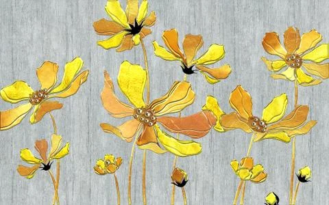 3d illustration, gray textured background, large yellow fairy flowers Stock Illustration