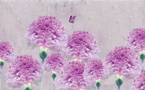 3d illustration, gray textured background, large pink flowers on green stems Stock Illustration