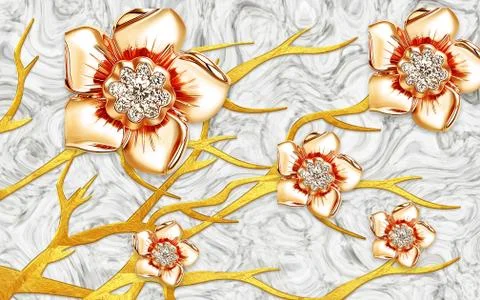 3d illustration, gray wavy background, large gold jewelry flowers on curved b Stock Illustration