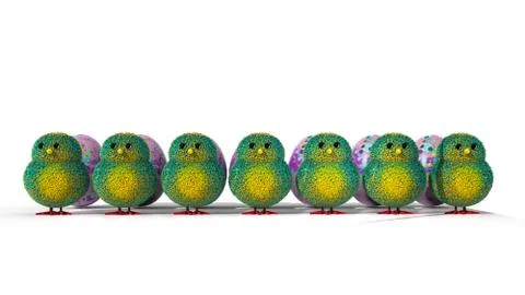 3D Illustration of Green Colored Easter Chicks in a Row Stock Illustration