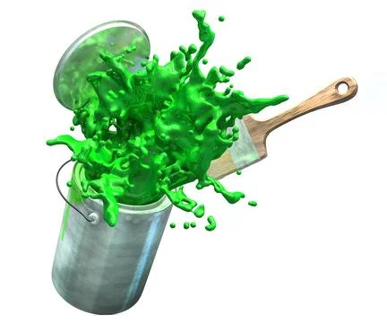 3d illustration of green paint busting from a paint buckets Stock-Illustration