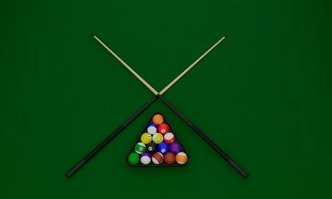 3D illustration of a green pool table with billiard cue sticks and balls Stock Illustration
