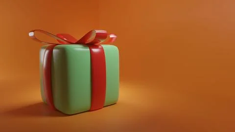 3D illustration of a green present box with a red bow isolated on an empty orang イラスト素材