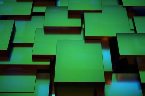 3D illustration of green rectangles. Randomly placed green squares on top of イラスト素材