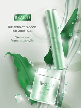 3d illustration green theme seed cream and serum ads. Stock Illustration