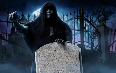 3d illustration of a grim reaper ghost in black hood in cemetery. Illustrazione stock