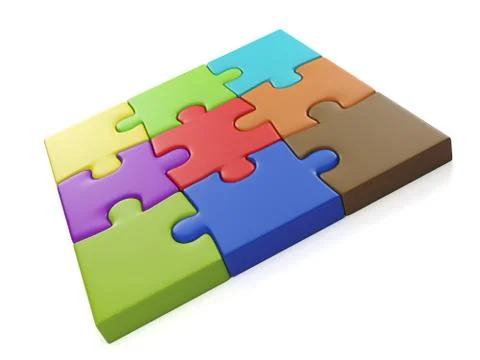 3d illustration: a group of puzzles. square of colored parts Illustrazione stock
