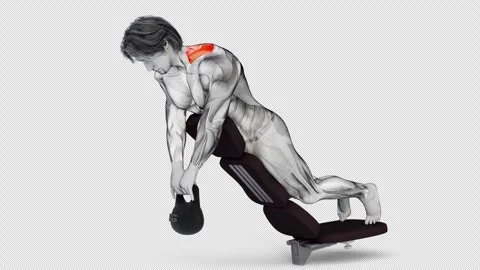 3d illustration of a gym boy doing Kettlebell trap muscle on the desk against wh Stock Footage 248853253