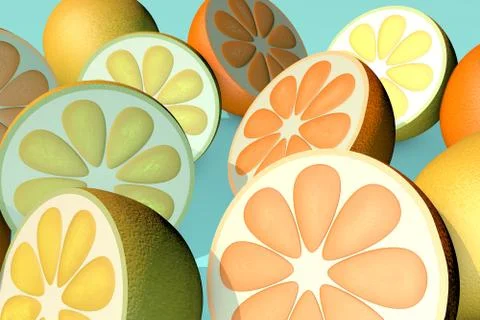 3d illustration of half cut orange lemon lime on blue background Stock Illustration
