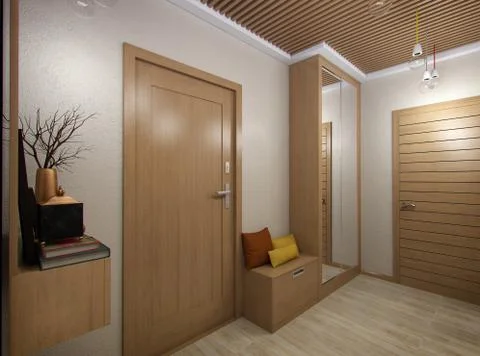 3D illustration of a hall from tree material Stock-Illustration