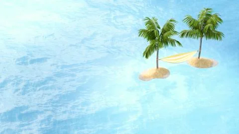3D Illustration, hammock between two islands, palms Stock Illustration