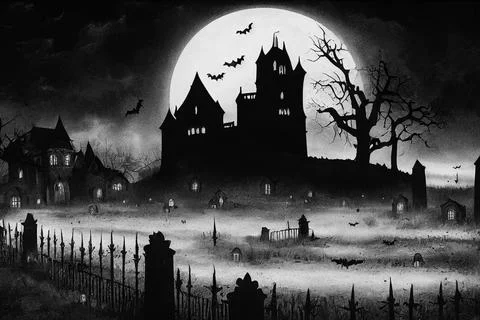 3D illustration Horror Castle Background With Graveyard In Halloween Night. Stock Illustration