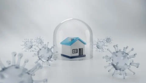 3D Illustration of a House protected under a Glass Dome surrounded by Viruses Stock Illustration