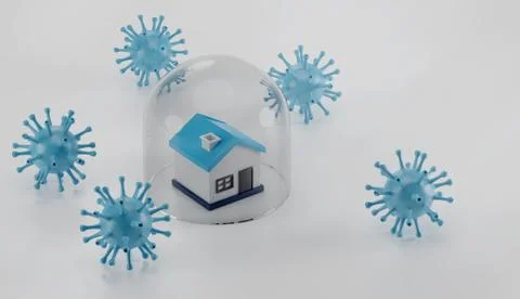 3D Illustration of a House protected under a Glass Dome surrounded by Viruses Stock-Illustration