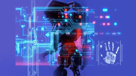 3d illustration -  hud elements and cyborg in background.Robot working with v Stock Illustration