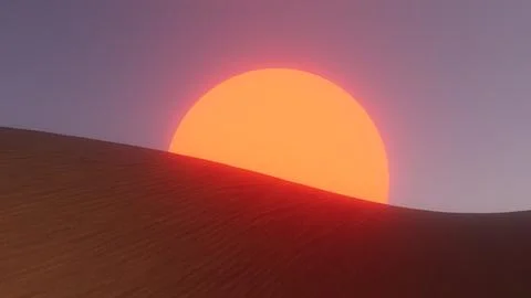 3d illustration huge red setting sun in desert dunes Stockillustratie