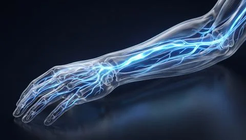 3D illustration of human arm nerves glowing blue within a transparent body. Stock Illustration