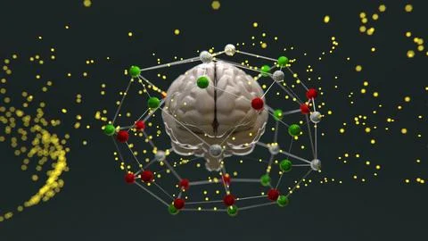 3d illustration of a human brain surrounded by glowing red, green, and yell.. Illustrazione stock