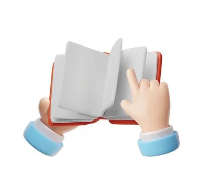 3d illustration of human hands holding open book with blank pages isolated on Stock Illustration