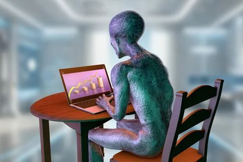 3D illustration of a humanoid alien working with a laptop Illustrazione stock