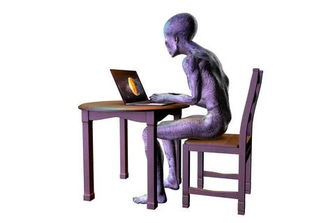 3D illustration of a humanoid alien working with a laptop Stock Illustration