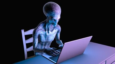 3D illustration of a humanoid alien working with a laptop Stock Illustration