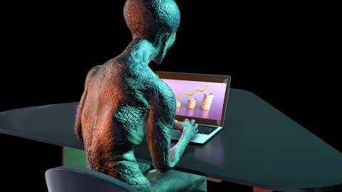 3D illustration of a humanoid alien working with a laptop Stock Illustration