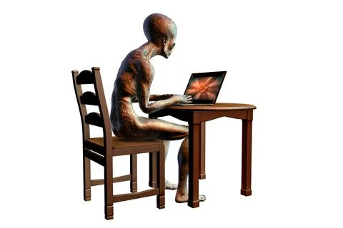 3D illustration of a humanoid alien working with a laptop Stock Illustration