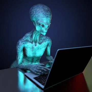 3D illustration of a humanoid alien working with a laptop Stock-Illustration