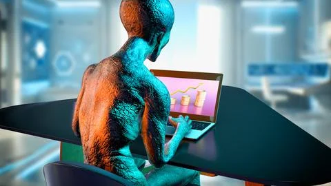 3D illustration of a humanoid alien working with a laptop Stock Illustration