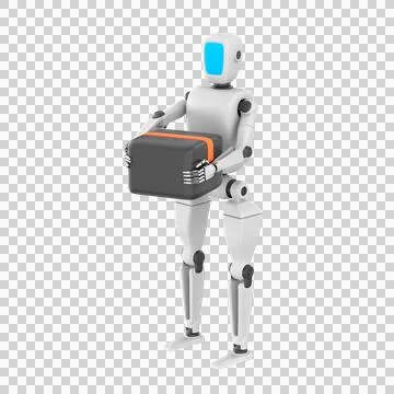 3D illustration of a humanoid robot holding a cardboard box Stock Illustration