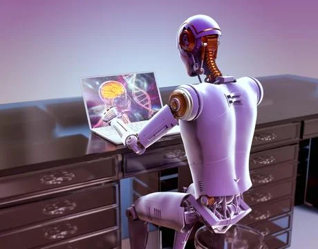 3D illustration of a humanoid robot studying human brain and DNA with a lapto Stock Illustration