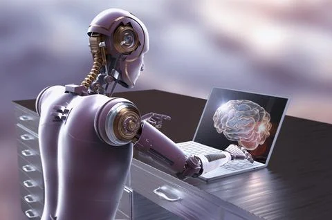 3D illustration of a humanoid robot studying human brain with a laptop, highl Stock Illustration