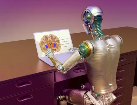 3D illustration of a humanoid robot studying human brain with a laptop, highl Stock Illustration