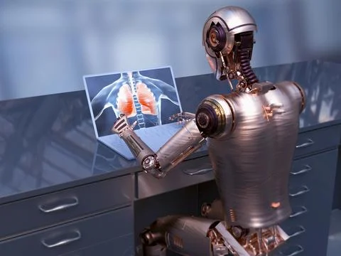 3D illustration of a humanoid robot studying human lungs and respiratory syst Stock Illustration