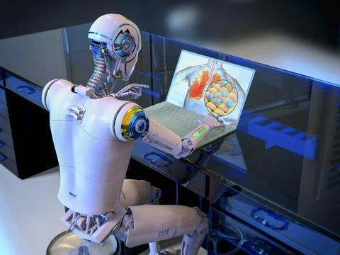 3D illustration of a humanoid robot studying human lungs and viruses infectin Stock Illustration