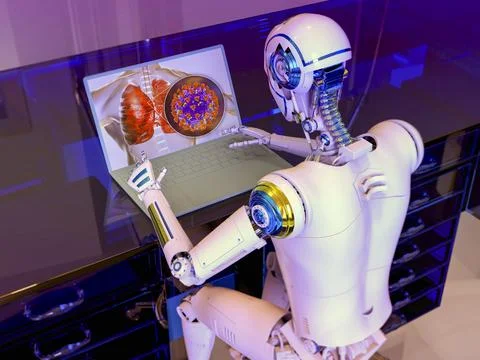3D illustration of a humanoid robot studying human lungs and viruses infectin Stock Illustration