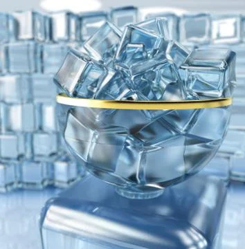 3d illustration of ice cube in bow vase on ice wall background with window an Stock Illustration