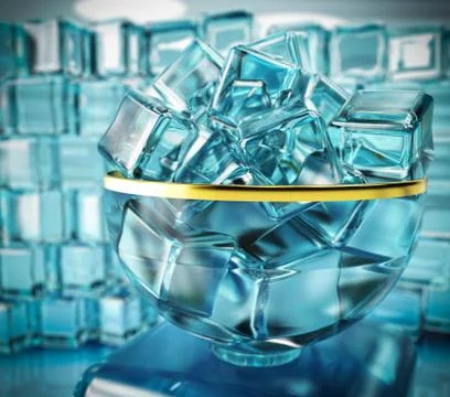 3d illustration of ice cube in bow vase on ice wall background with window an Stock Illustration