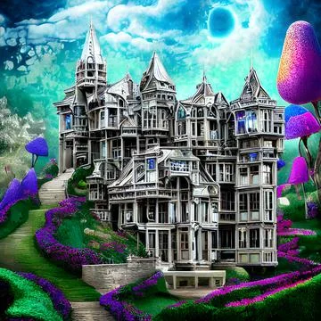 3d illustration if Fantasy Mansion with magic garden Stock Illustration