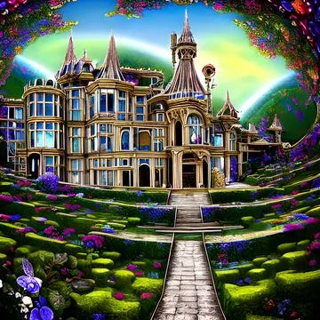 3d illustration if Fantasy Mansion with magic garden Stock Illustration