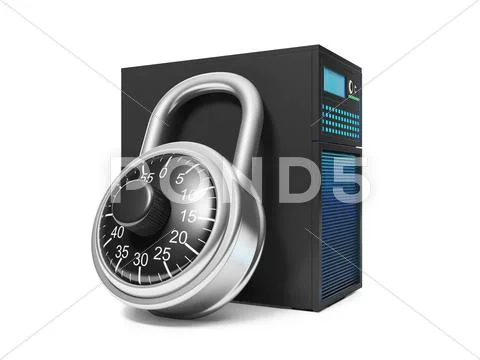 3d illustration: information security. server and security lock Stock Illustration