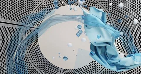 3d illustration of the interaction of liquid bubbles and a blue cloth rotati Ilustración de archivo